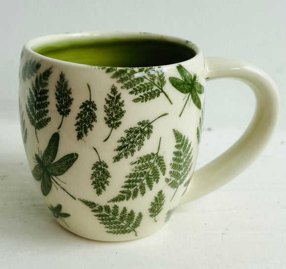 Porcelain Pottery Mug with Green Ferns and Dragonflies