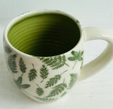 Porcelain Pottery Mug with Green Ferns and Dragonflies
