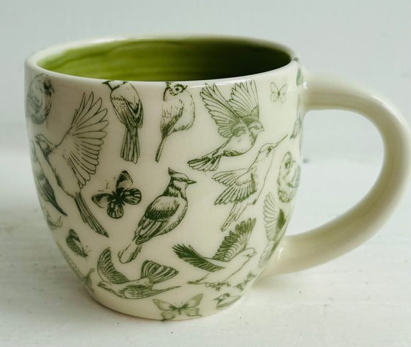 Porcelain Pottery Mug with Green Birds and Butterflies