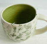 Porcelain Pottery Mug with Green Birds and Butterflies