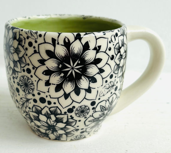 Porcelain Pottery Mug with Retro Dahlias NEW