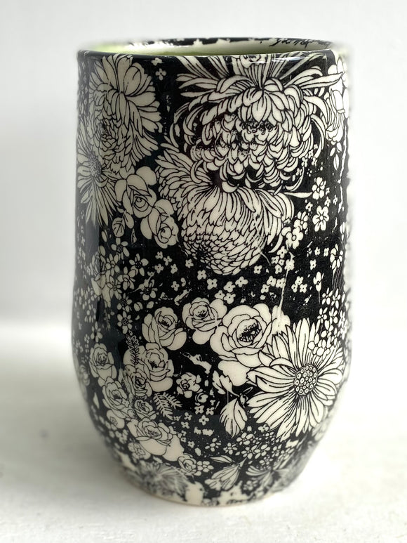 Porcelain Pottery Vase with Dahlias/Green Liner