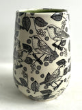 Porcelain Pottery Vase Teardrop Shape with Black birds and grapes Large/Green Liner