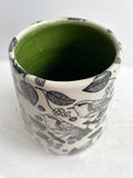 Porcelain Pottery Vase Teardrop Shape with Black birds and grapes Large/Green Liner