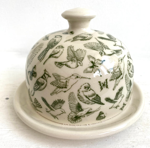 Butter Dish with Green Birds and Bees