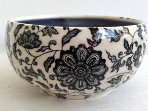 Porcelain Pottery Fruit Bowl with Black Lotus Flowers in an Arabesque/Purple Liner