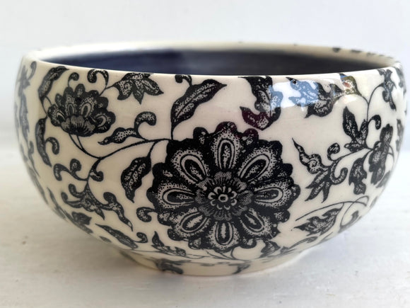 Porcelain Pottery Fruit Bowl with Black Lotus Flowers in an Arabesque/Purple Liner