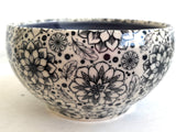 Porcelain Pottery Fruit Bowl with Black Geometric Dahlias/Purple Liner (Copy)