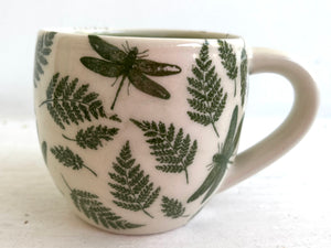 Porcelain Pottery Mug with Green Ferns and Dragonflies