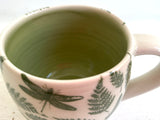 Porcelain Pottery Mug with Green Ferns and Dragonflies