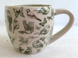 Porcelain Pottery Mug with Green Birds and Butterflies