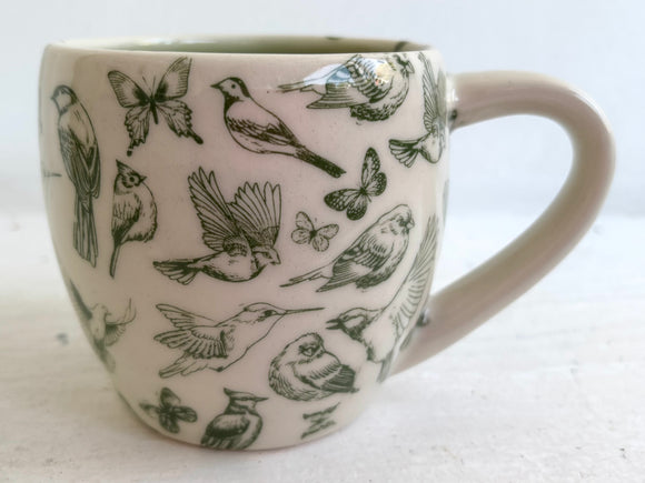 Porcelain Pottery Mug with Green Birds and Butterflies