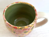 Porcelain Pottery Mug with Pink Flowers Green Interior NEW