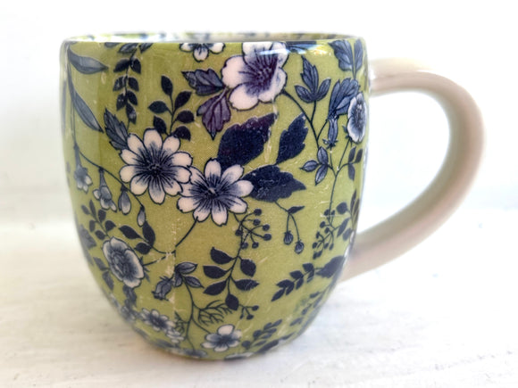 Porcelain Pottery Mug Blue Flowers on Green Background/Blue Liner