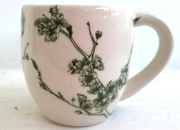 Porcelain Pottery Mug with Green Cherry Blossom Branches