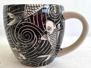Porcelain Pottery Mug with Koi in Swirling Water Blue Liner