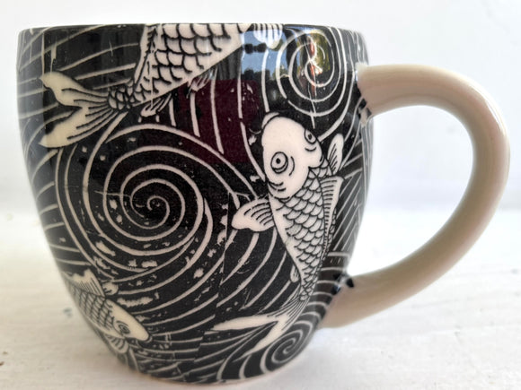 Porcelain Pottery Mug with Koi in Swirling Water Blue Liner