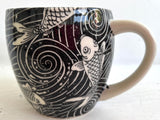Porcelain Pottery Mug with Koi in Swirling Water Blue Liner