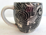 Porcelain Pottery Mug with Koi in Swirling Water Blue Liner