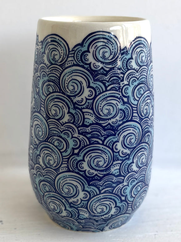Porcelain Pottery Vase with Blue Waves Teardrop Shape