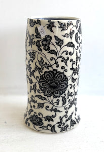Porcelain Pottery Vase with Black Lotus Flowers in an Arabesque