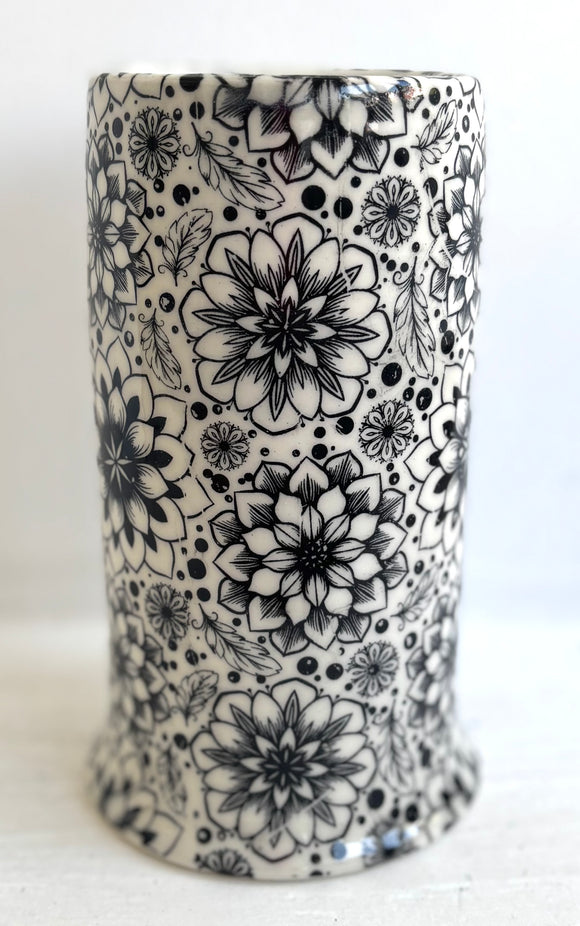 Porcelain Pottery Vase with Black Retro Dahlias