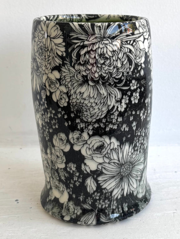 Porcelain Pottery Vase with Dahlias/Green Liner