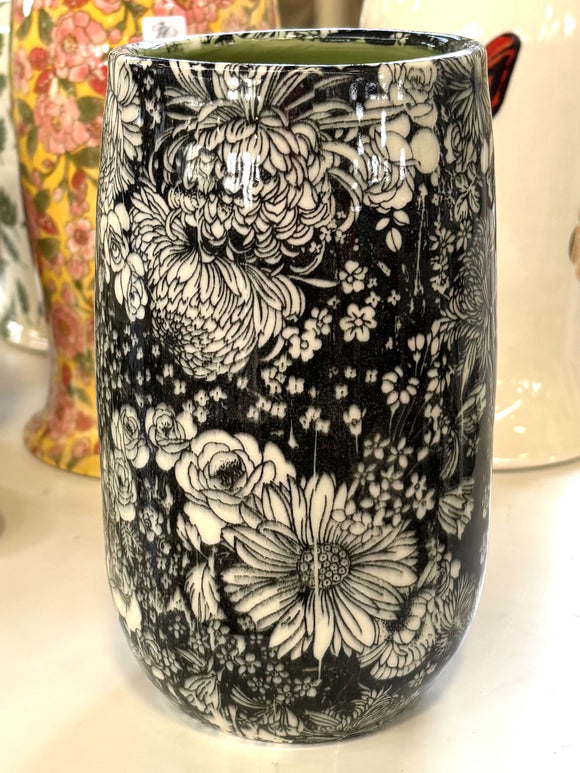 Porcelain Pottery Vase with Dahlias/Green Liner