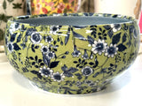 Porcelain Pottery Bowl with Blue Flowers on Green NEW