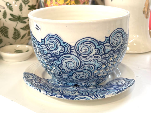 Porcelain Pottery Berry Bowl Quart Size with Blue Waves