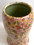Porcelain Pottery Vase with Pink flowers on a Yellow Ground