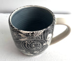 Porcelain Pottery Mug with Koi in Swirling Water Blue Liner