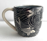 Porcelain Pottery Mug with Koi in Swirling Water Blue Liner