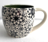 Porcelain Pottery Mug with Retro Dahlias/Forest Green Liner