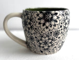 Porcelain Pottery Mug with Retro Dahlias/Forest Green Liner