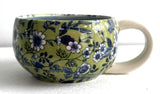 Porcelain Pottery Latte/Flat White Mug Blue Flowers on Green/NEW SHAPE