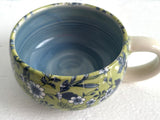 Porcelain Pottery Latte/Flat White Mug Blue Flowers on Green/NEW SHAPE