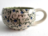 Porcelain Pottery Latte/Flat White Mug Blue Roses/NEW SHAPE
