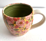 Porcelain Pottery Mug with Pink Flowers Green Interior NEW