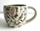 Porcelain Pottery Mug with Green Birds and Butterflies