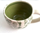 Porcelain Pottery Mug with Green Birds and Butterflies