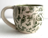 Porcelain Pottery Mug with Green Birds and Butterflies