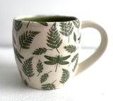 Porcelain Pottery Mug with Green Ferns and Dragonflies