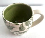Porcelain Pottery Mug with Green Ferns and Dragonflies