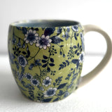 Porcelain Pottery Mug Blue Flowers on Green Background/Blue Liner