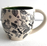 Porcelain Pottery Mug with Black Birds and Grapes/Green Liner