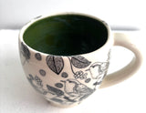 Porcelain Pottery Mug with Black Birds and Grapes/Green Liner