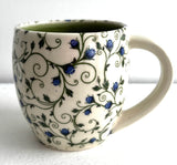 Porcelain Pottery Mug with Blue Roses in Arabesque Vine