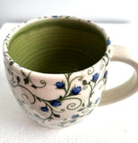 Porcelain Pottery Mug with Blue Roses in Arabesque Vine