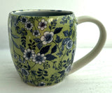 Porcelain Pottery Mug Blue Flowers on Green Background/Blue Liner